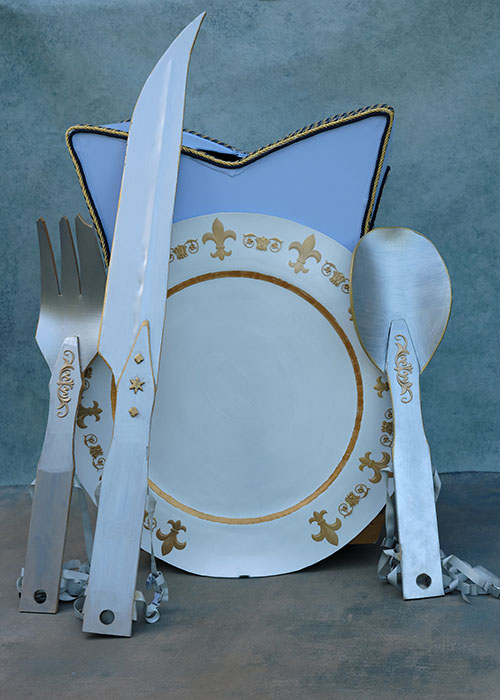 Beauty and the Beast cutlery knife fork plate costumes hire gold and white large worn plates
